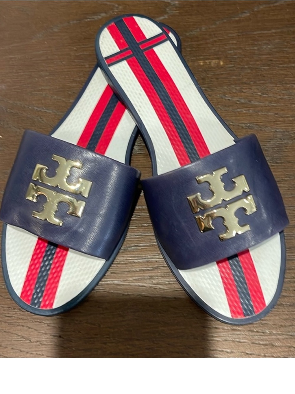 Tory Burch Navy Leather Logo Slide Sandals with Red & White Striped Footbed